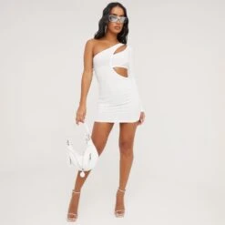 EGO One Sleeve Cut Out Detail Mini Bodycon Dress In Cream Crepe -Sperrryego Store 16 03 23 ming69817 s