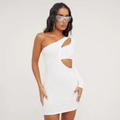 EGO One Sleeve Cut Out Detail Mini Bodycon Dress In Cream Crepe