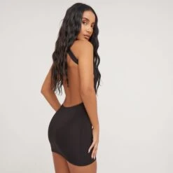 EGO High Neck Backless Detail Mini Bodycon Dress In Black Slinky