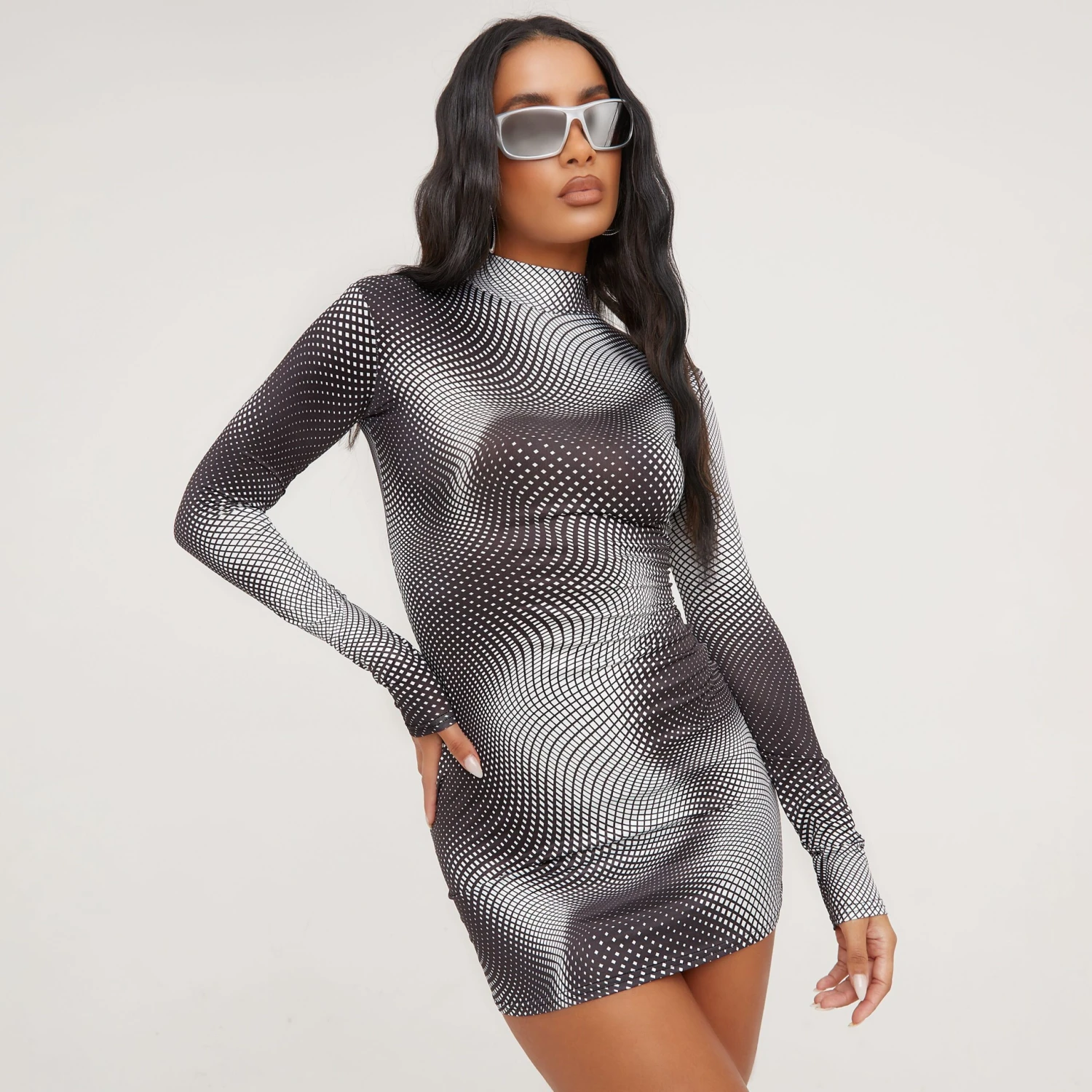 EGO Long Sleeve High Neck Mono Print Mini Bodycon Dress In Multi Slinky 3 EGO Long Sleeve High Neck Mono Print Mini Bodycon Dress In Multi Slinky