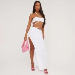 EGO Strappy Detail Split Leg Textured Maxi Skirt In White