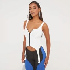 EGO Square Neck Zip Front Suspender Strap Crop Top In White Ribbed