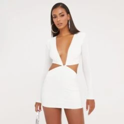 EGO Long Sleeve Cut Out Detail Plunge Front Shoulder Pad Mini Bodycon Dress In White