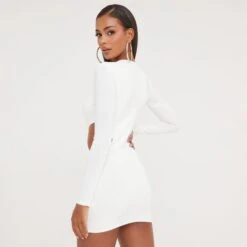 EGO Long Sleeve Cut Out Detail Plunge Front Shoulder Pad Mini Bodycon Dress In White -Sperrryego Store 17 01 23 pam46526 s