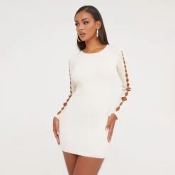 EGO Long Sleeve Cut Out Sleeve Detail Mini Bodycon Dress In Stone Knit