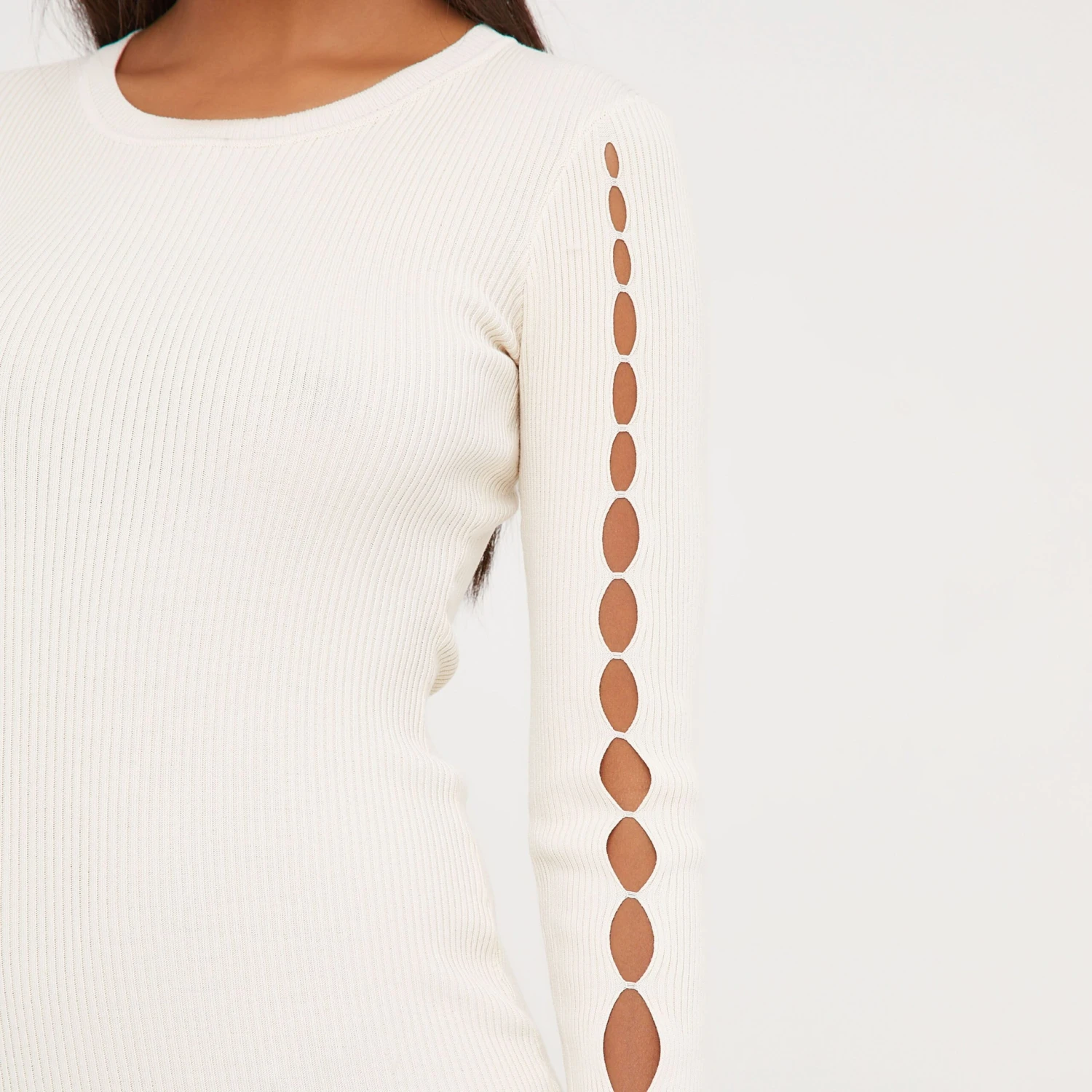 EGO Long Sleeve Cut Out Sleeve Detail Mini Bodycon Dress In Stone Knit 3 EGO Long Sleeve Cut Out Sleeve Detail Mini Bodycon Dress In Stone Knit - Image 2