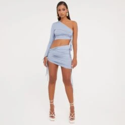 EGO Ruched Wrap Detail Mini Bodycon Skirt In Blue Slinky
