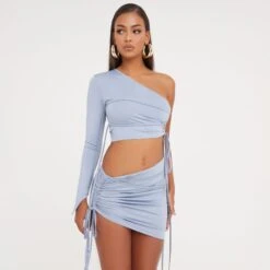 EGO Ruched Wrap Detail Mini Bodycon Skirt In Blue Slinky -Sperrryego Store 17 01 23 pam46805 s