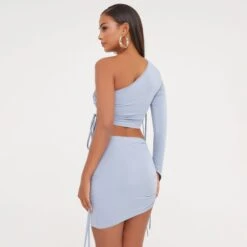 EGO Ruched Wrap Detail Mini Bodycon Skirt In Blue Slinky -Sperrryego Store 17 01 23 pam46807 s