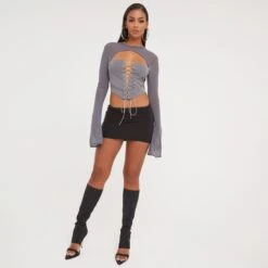 EGO Long Sleeve Lace Up Detail Corset Top In Grey Mesh -Sperrryego Store 17 01 23 pam46863 s