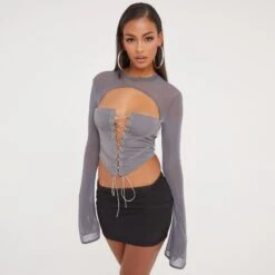 EGO Long Sleeve Lace Up Detail Corset Top In Grey Mesh