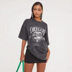 Oversized 'Oregon' Graphic T-Shirt In Charcoal Grey Acid Wash