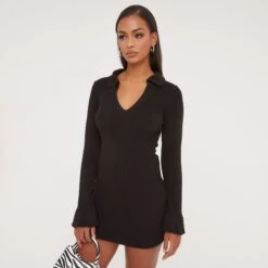EGO Long Sleeve Collared Mini Bodycon Dress In Black Knit