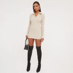 EGO Long Sleeve Collared Mini Bodycon Dress In Stone Knit -Sperrryego Store 17 01 23 pam47178 s