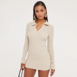 EGO Long Sleeve Collared Mini Bodycon Dress In Stone Knit