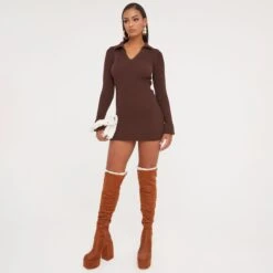 EGO Long Sleeve Collared Mini Bodycon Dress In Brown Knit -Sperrryego Store 17 01 23 pam47193 s