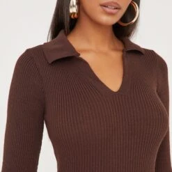EGO Long Sleeve Collared Mini Bodycon Dress In Brown Knit -Sperrryego Store 17 01 23 pam47208 s