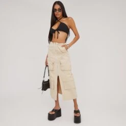 EGO High Waist Zip Split Front Pocket Detail Cargo Maxi Skirt In Stone