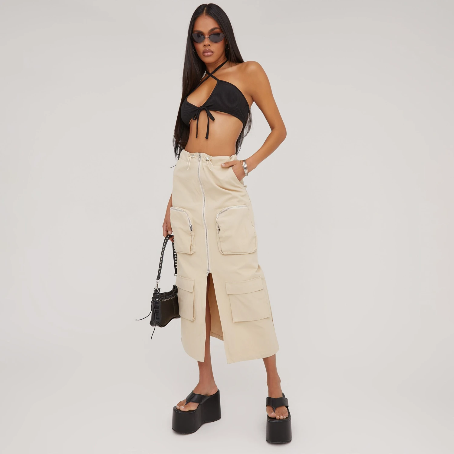 EGO High Waist Zip Split Front Pocket Detail Cargo Maxi Skirt In Stone 3 EGO High Waist Zip Split Front Pocket Detail Cargo Maxi Skirt In Stone