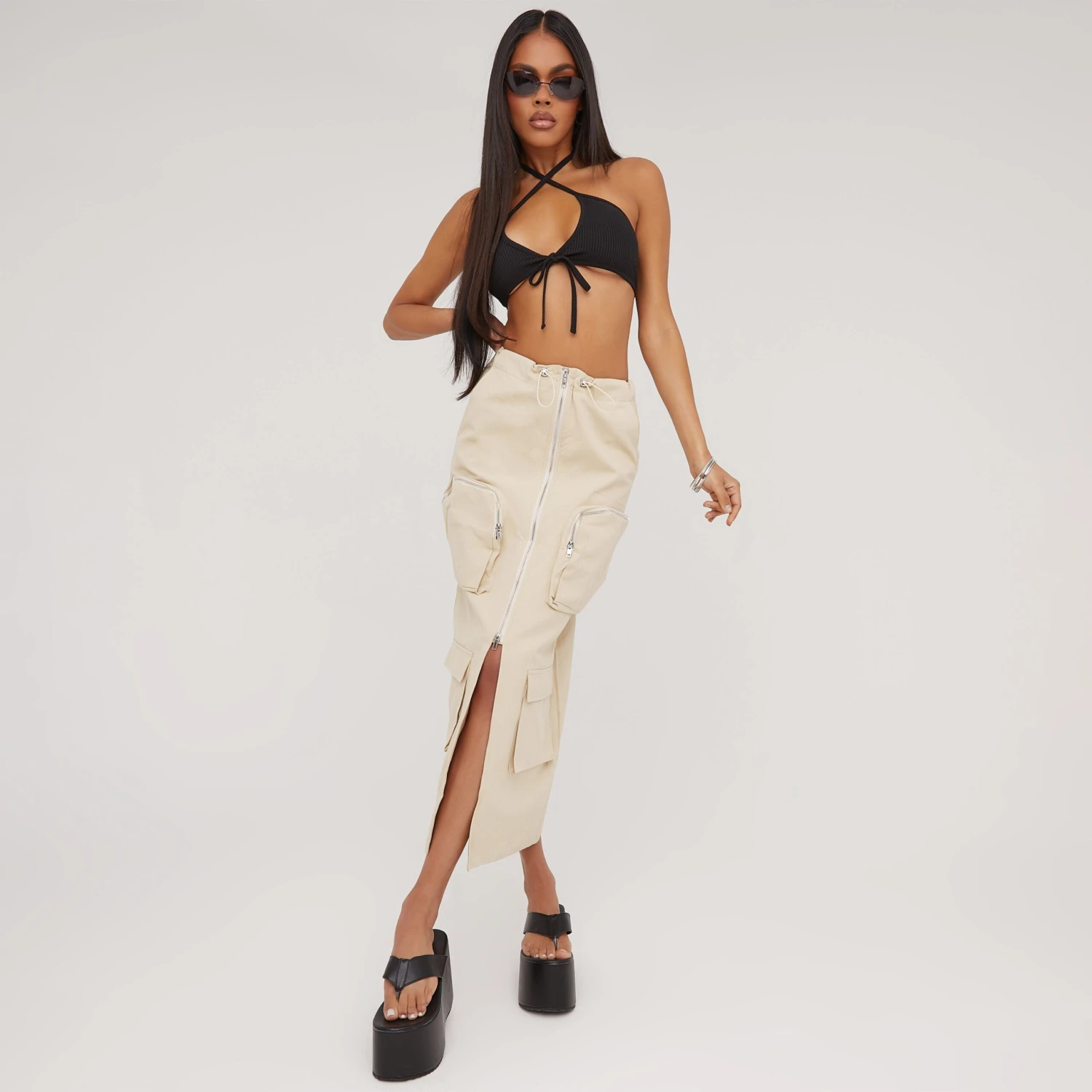 EGO High Waist Zip Split Front Pocket Detail Cargo Maxi Skirt In Stone 6 EGO High Waist Zip Split Front Pocket Detail Cargo Maxi Skirt In Stone - Image 4