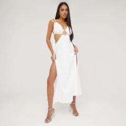 EGO Strappy V Neck Cut Out Open Back Ring Detail Split Leg Midaxi Dress In Cream