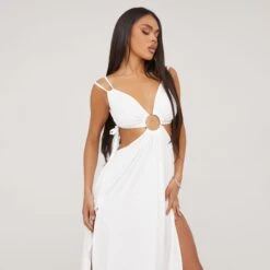 EGO Strappy V Neck Cut Out Open Back Ring Detail Split Leg Midaxi Dress In Cream -Sperrryego Store 18 04 23 jul85434 sq