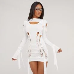EGO Long Sleeve Ladder Detail Double Layered Mini Bodycon Dress In White Slinky -Sperrryego Store 18 04 23 jul85465 s
