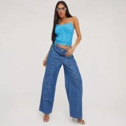 EGO Bandeau Lace Up Tie Detail Corset Top In Blue Woven -Sperrryego Store 18 04 23 jul85483 s