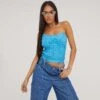 EGO Bandeau Lace Up Tie Detail Corset Top In Blue Woven