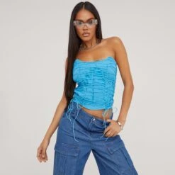 EGO Bandeau Lace Up Tie Detail Corset Top In Blue Woven