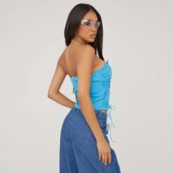 EGO Bandeau Lace Up Tie Detail Corset Top In Blue Woven -Sperrryego Store 18 04 23 jul85499 s