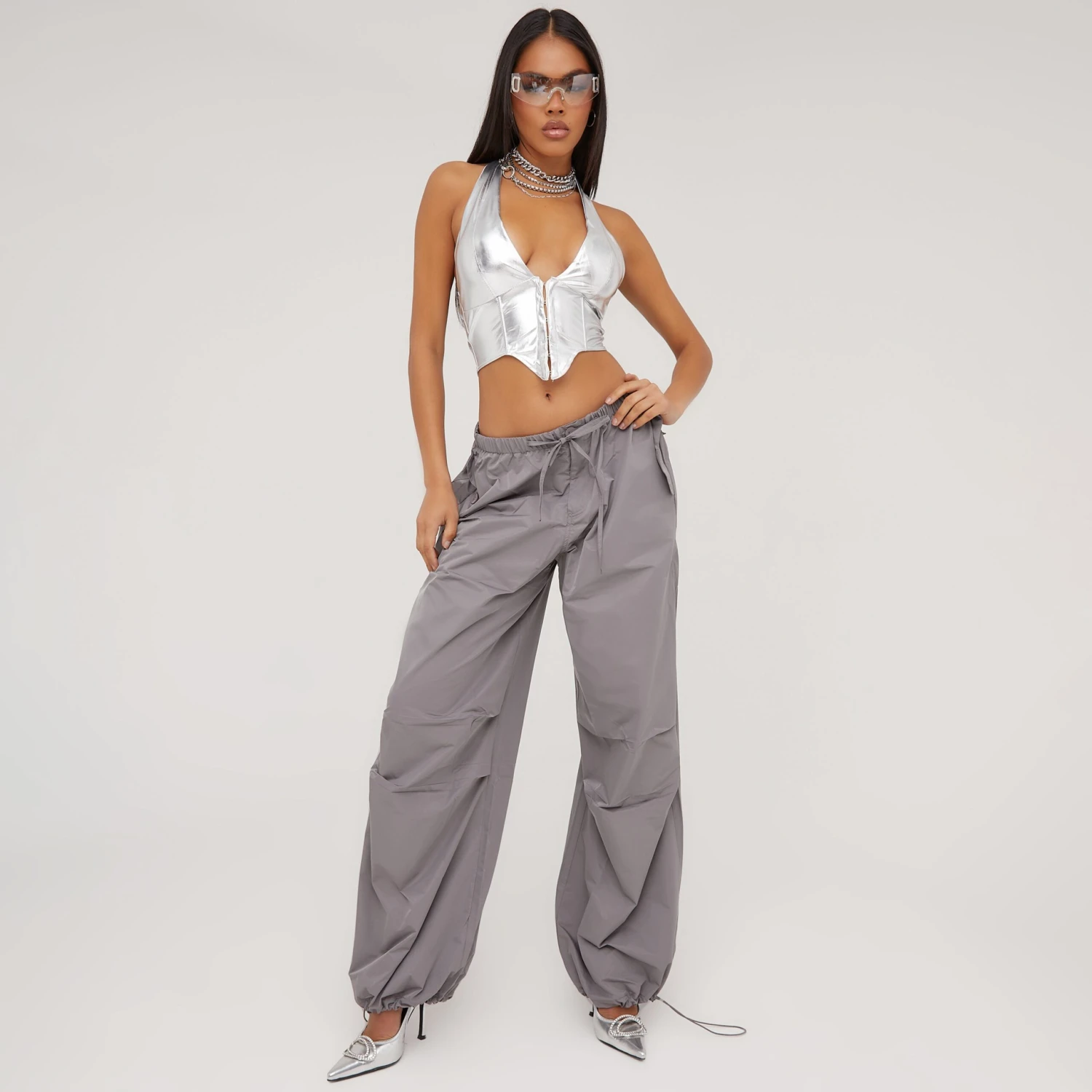 EGO Halterneck Plunge Neck Hook And Eye Corset Top In Silver Metallic 5 EGO Halterneck Plunge Neck Hook And Eye Corset Top In Silver Metallic - Image 3