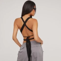 EGO Halterneck Strappy Wrap Detail Crop Top In Black -Sperrryego Store 18 04 23 jul85680 sq