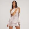 EGO One Shoulder Cut Out Drape Detail Mini Bodycon Dress With Sleeves In Rose Gold Metallic