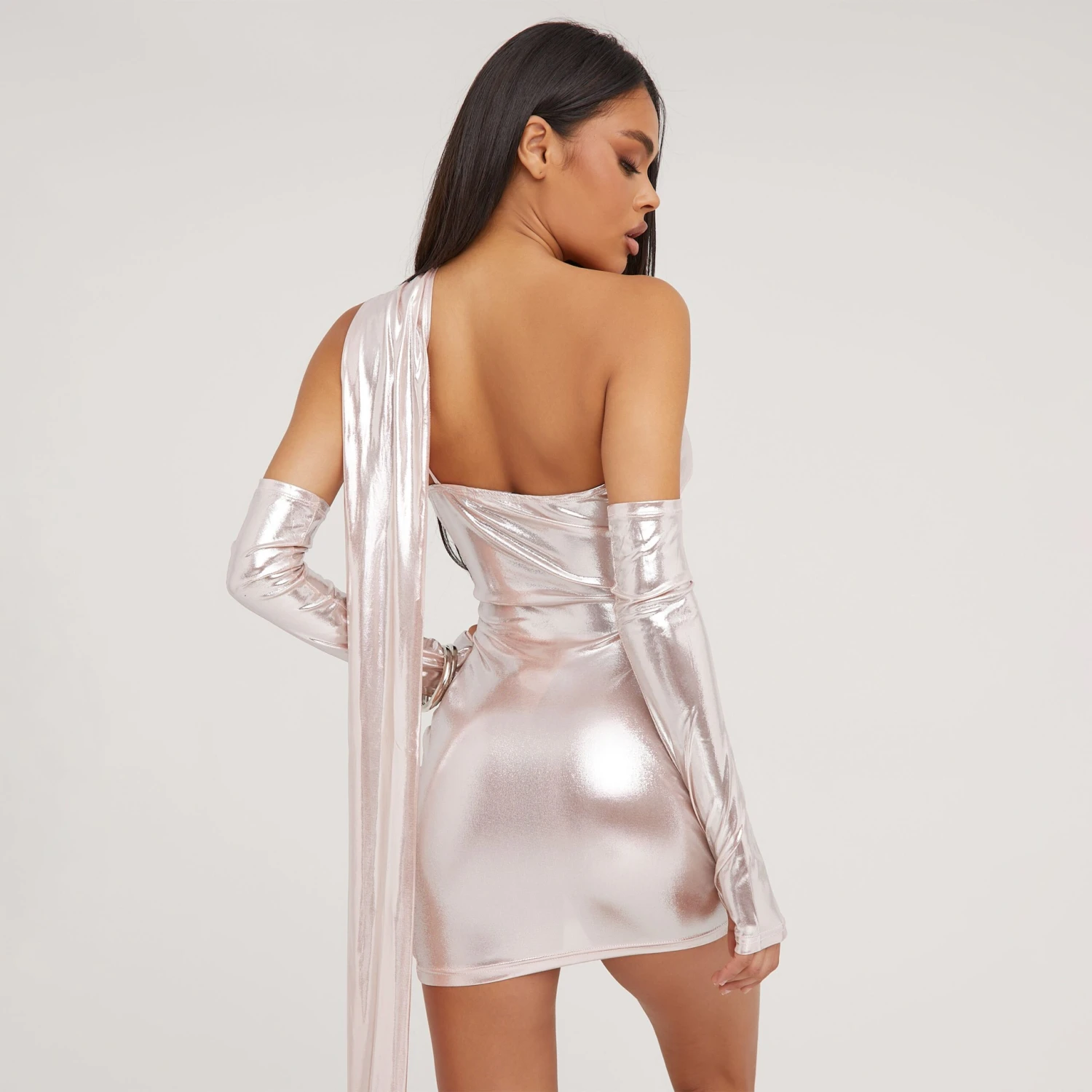 EGO One Shoulder Cut Out Drape Detail Mini Bodycon Dress With Sleeves In Rose Gold Metallic 4 EGO One Shoulder Cut Out Drape Detail Mini Bodycon Dress With Sleeves In Rose Gold Metallic - Image 3