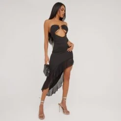 EGO Bardot Cut Out Ring Detail Frilly Asymmetric Midi Dress In Black Woven