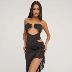 EGO Bardot Cut Out Ring Detail Frilly Asymmetric Midi Dress In Black Woven -Sperrryego Store 18 04 23 jul85905 sq