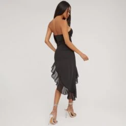 EGO Bardot Cut Out Ring Detail Frilly Asymmetric Midi Dress In Black Woven -Sperrryego Store 18 04 23 jul85911 sq