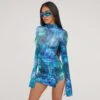 EGO High Neck Long Sleeve Split Leg Printed Mini Bodycon Dress In Multi Blue Slinky -Sperrryego Store 18 04 23 jul85980 sq