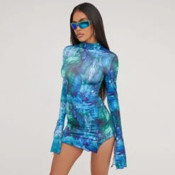 EGO High Neck Long Sleeve Split Leg Printed Mini Bodycon Dress In Multi Blue Slinky