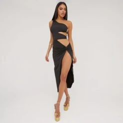 EGO One Shoulder Cut Out Clasp Detail Split Leg Midaxi Dress In Black