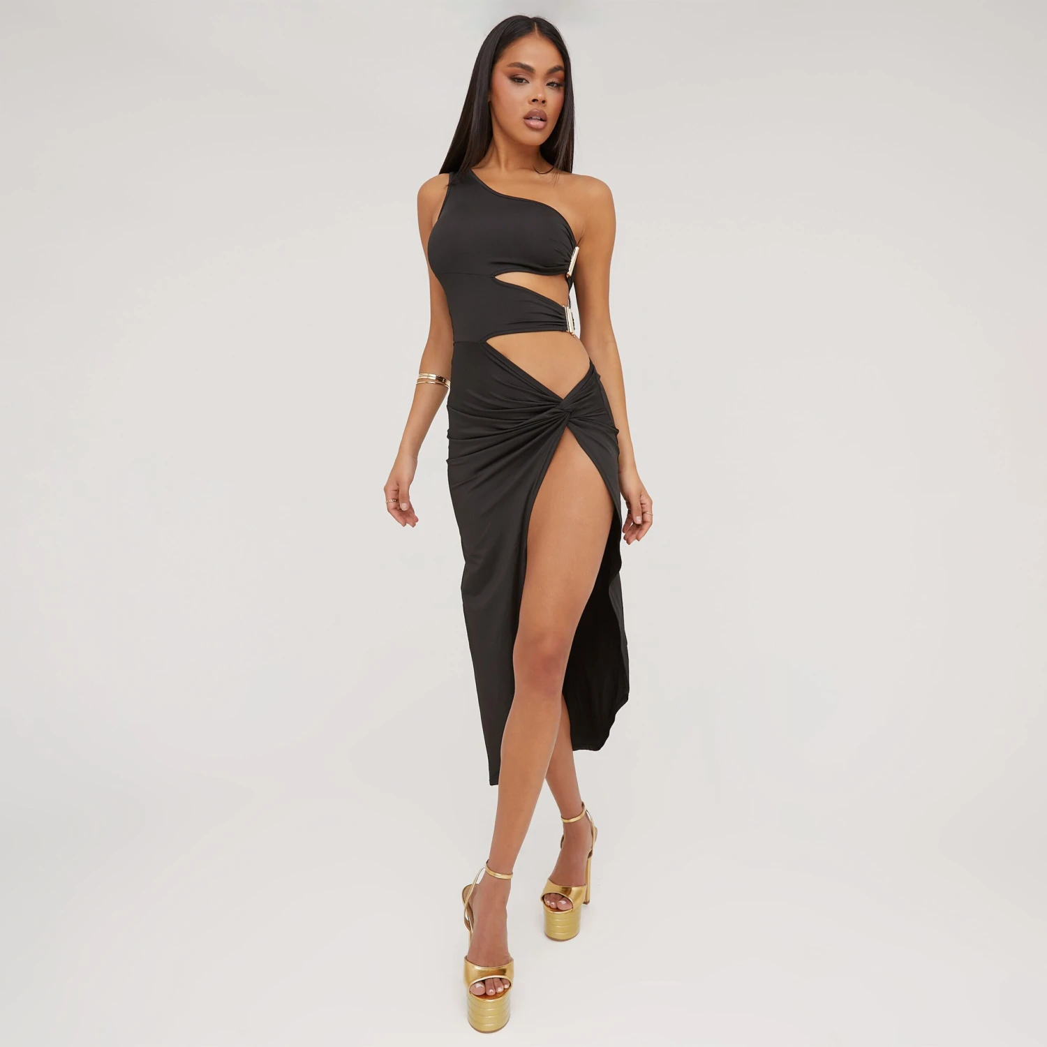 EGO One Shoulder Cut Out Clasp Detail Split Leg Midaxi Dress In Black 3 EGO One Shoulder Cut Out Clasp Detail Split Leg Midaxi Dress In Black