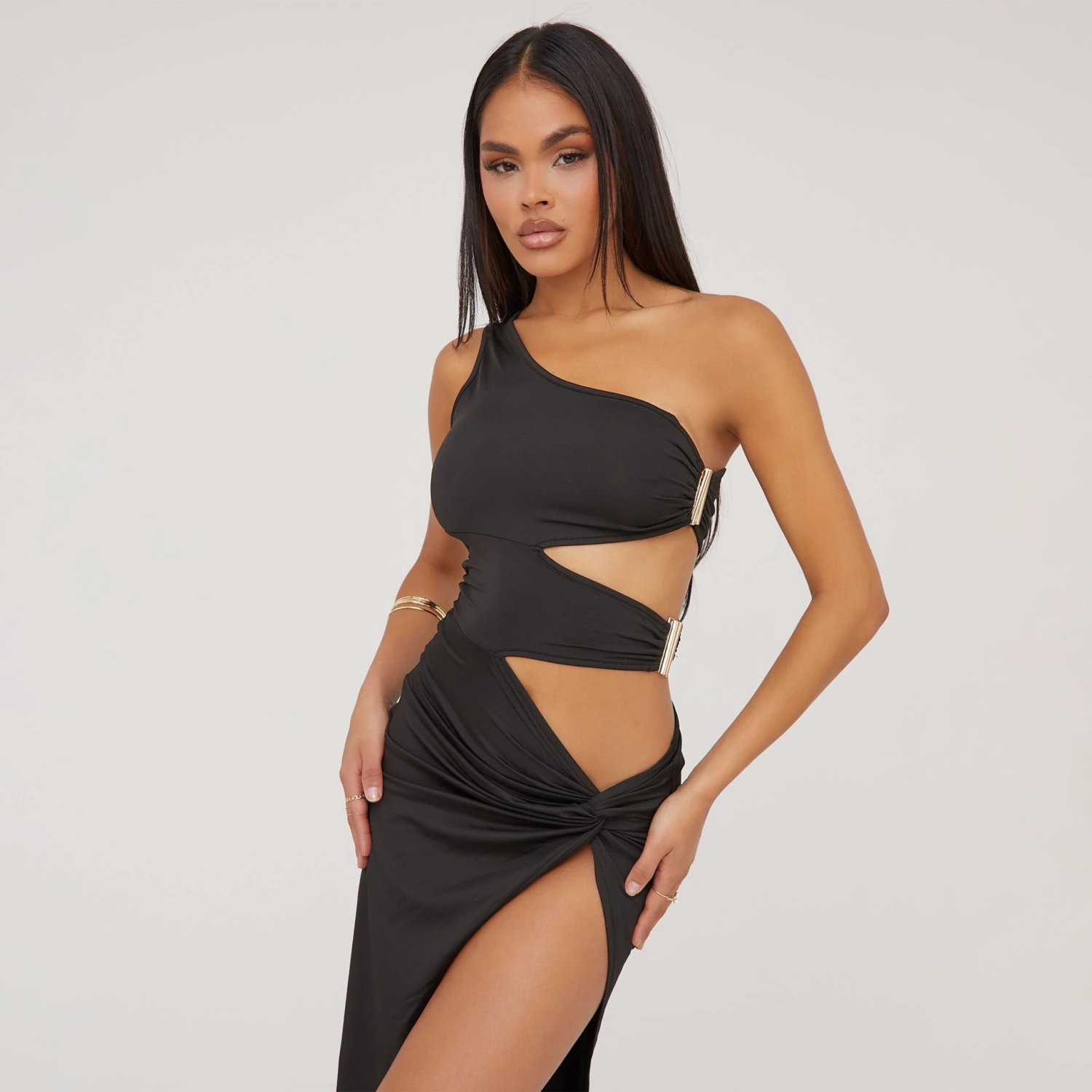 EGO One Shoulder Cut Out Clasp Detail Split Leg Midaxi Dress In Black 6 EGO One Shoulder Cut Out Clasp Detail Split Leg Midaxi Dress In Black - Image 4