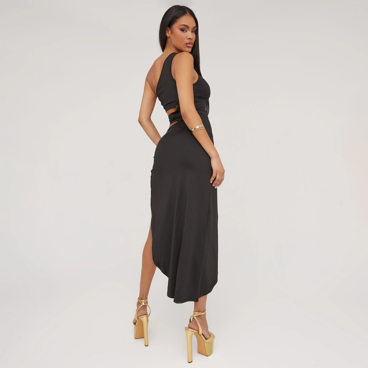 EGO One Shoulder Cut Out Clasp Detail Split Leg Midaxi Dress In Black 5 EGO One Shoulder Cut Out Clasp Detail Split Leg Midaxi Dress In Black - Image 3