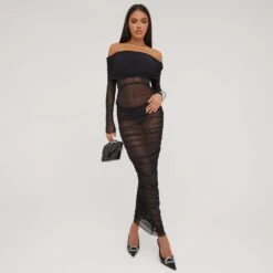 EGO Bardot Long Sleeve Ruched Detail Maxi Dress In Black Mesh