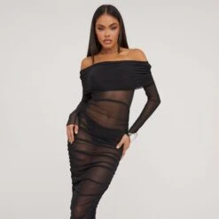 EGO Bardot Long Sleeve Ruched Detail Maxi Dress In Black Mesh 9 EGO Bardot Long Sleeve Ruched Detail Maxi Dress In Black Mesh -Sperrryego Store 18 04 23 jul86474 sq