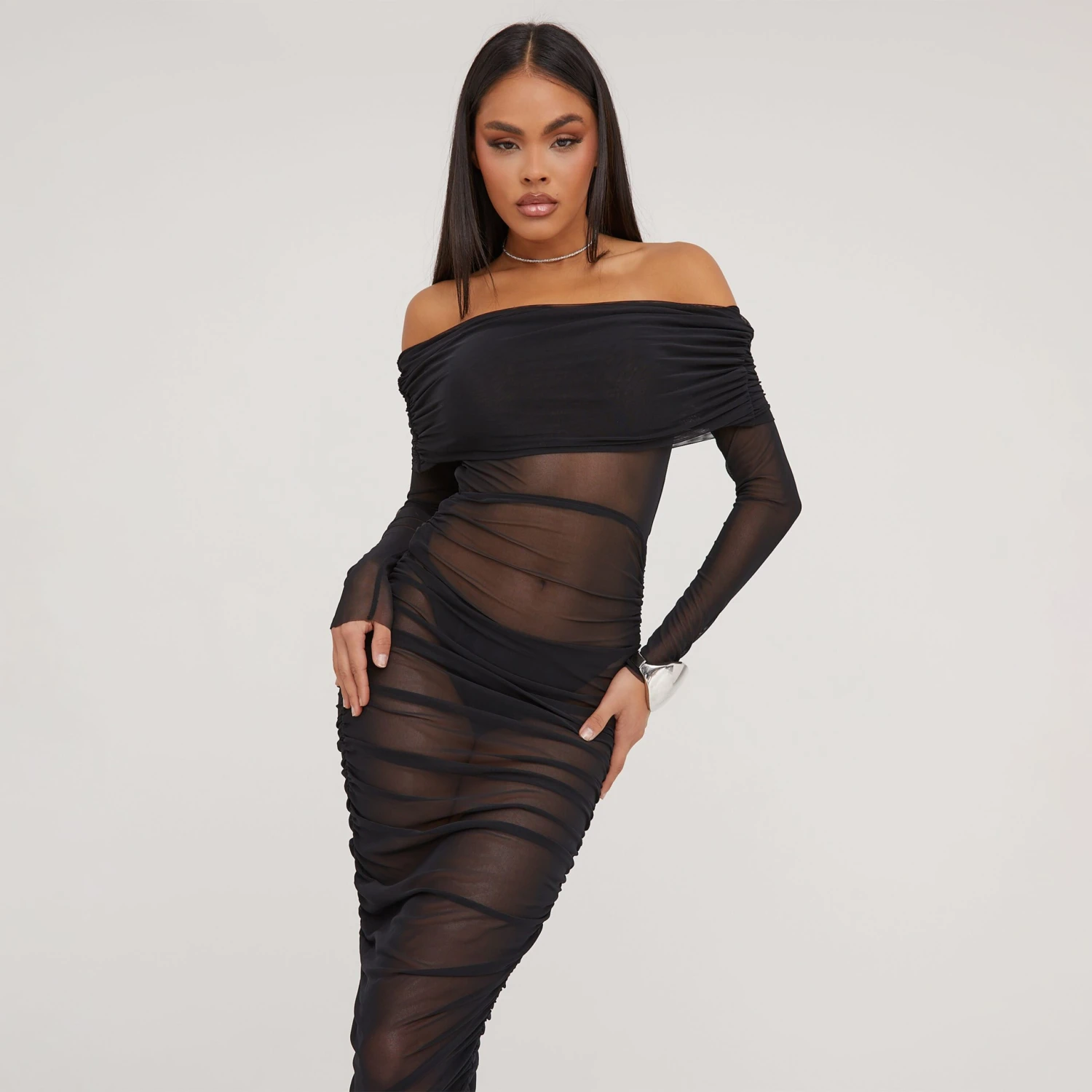 EGO Bardot Long Sleeve Ruched Detail Maxi Dress In Black Mesh 6 EGO Bardot Long Sleeve Ruched Detail Maxi Dress In Black Mesh - Image 4