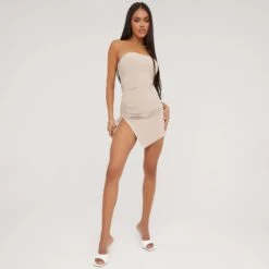 EGO Bandeau Ruched Side Detail Asymmetric Mini Dress In Stone -Sperrryego Store 18 04 23 jul86481 s
