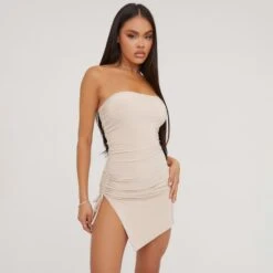 EGO Bandeau Ruched Side Detail Asymmetric Mini Dress In Stone