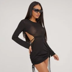 EGO Long Sleeve Cut Out Ruched Detail Mini Dress In Black Knit
